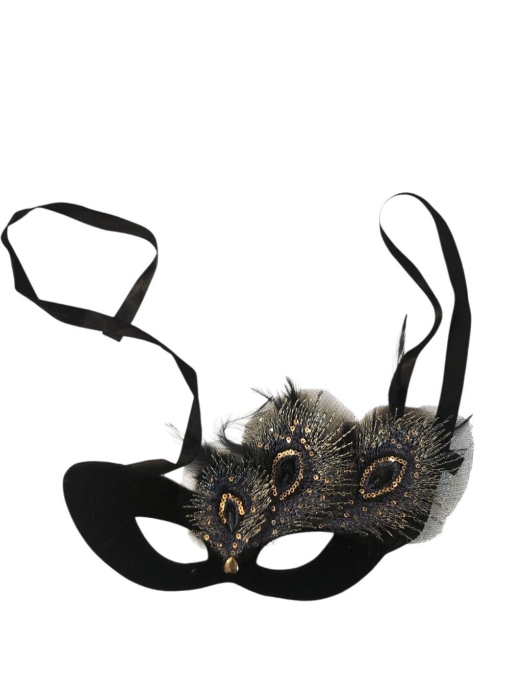 Women's Masquerade Mask Black Fancy Sequin Faux Peacock Feather